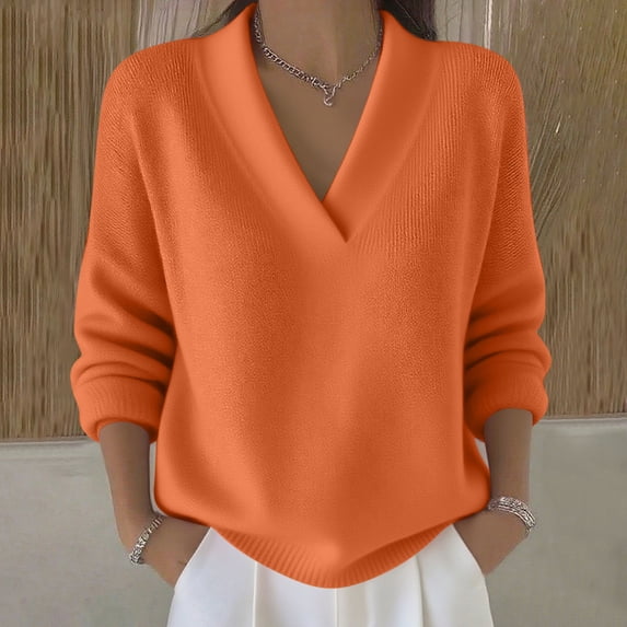 ClodeEU Womens Long Sleeve V Neck Sweater ,Fall Loose Fit Fashion Tunic Shirts Orange,Womens Plus XXXXXL