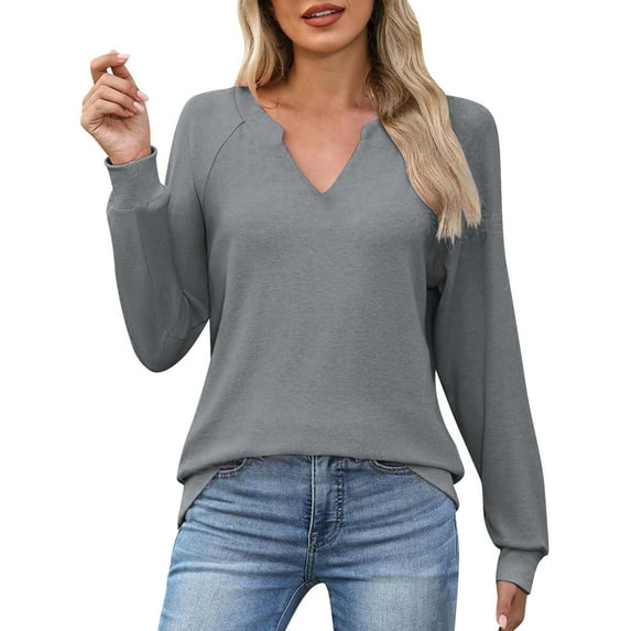 ClodeEU Womens Long Sleeve V Neck Sweatshirts,Fall Winter Basic Casual Lightweight Pullover Shirt Gray,Womens Plus XL