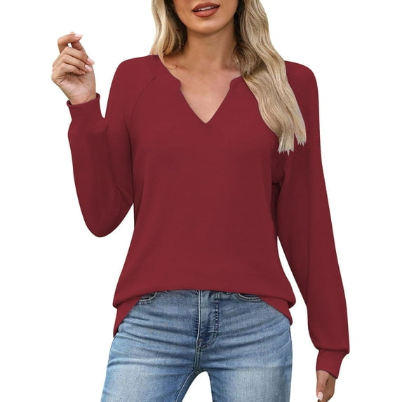 ClodeEU Womens Long Sleeve V Neck Sweatshirts,Fall Winter Basic Casual Lightweight Pullover Shirt Red,Womens Plus L