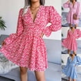 thumbnail image 1 of ClodeEU Womens Long Sleeves Chiffon Print Mini Dresse,V-Neck Pleated Spring Summer Dress Pink,Womens Plus XL, 1 of 5