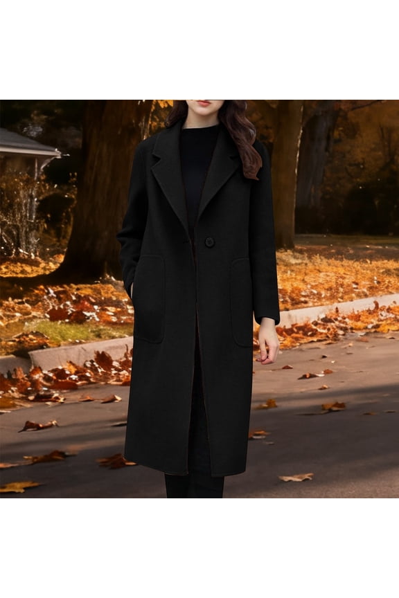 Womens Long Wool Blend Coat With Pockets, Notch Lapel Double Breasted Pea Trench Coat Black,Womens Plus XL