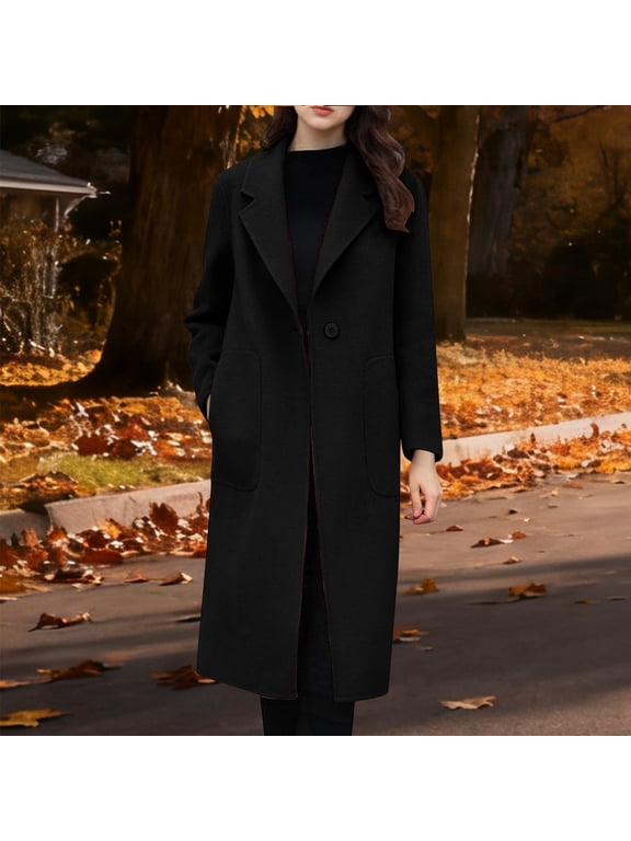 Womens Long Wool Blend Coat With Pockets, Notch Lapel Double Breasted Pea Trench Coat Black,Womens Plus XXL