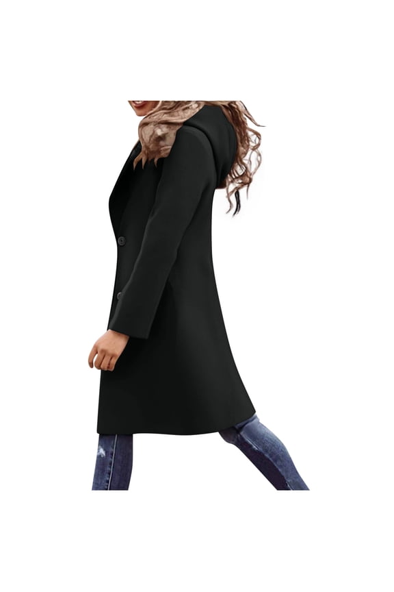 Womens Mid Length Hooded Coat,Loose Long Selve Button Warm Wool Trench Coat Black,Womens Plus L