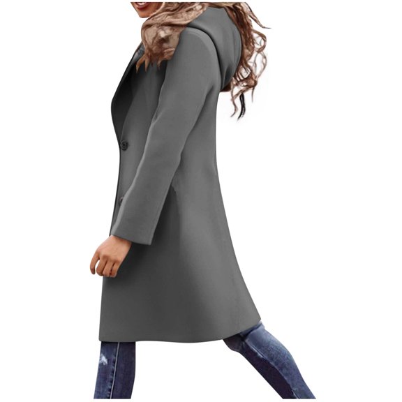 ClodeEU Womens Mid Length Hooded Coat,Loose Long Selve Button Warm Wool Trench Coat Gray,Womens Plus M