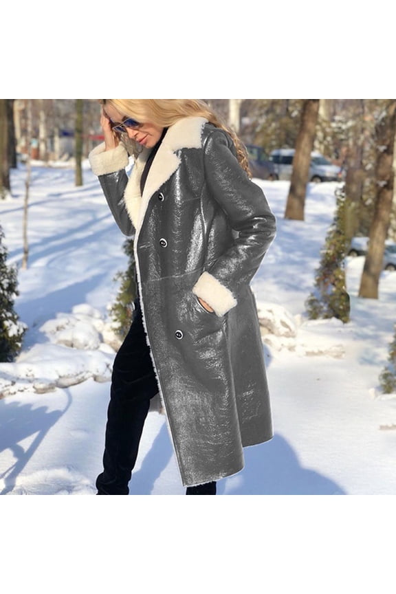 Womens Mid Long Fleece Lined Faux Leather Coat With Pockets,Winter Warm Lapel Button Coat Gray,Womens Plus S