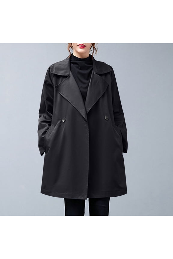 Womens Mid Long Trench Coat,Double Breasted Lapel Overcoat,Notch Lapel Jacket Windproof Outerwear Black,Womens Plus XL