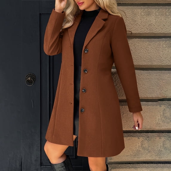 ClodeEU Womens Mid Long Wool Blend Coat, Notch Lapel Button Up Trench Coat,Casual Trendy Tunic Outwear Coffee,Womens Plus XL
