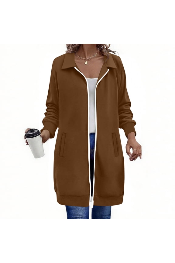 Womens Mid Long Zip Up Coat,Solid Color Lapel Jacket With Pockets ,Fashions Fall Tops Brown,Womens Plus M