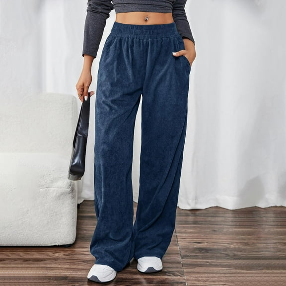 ClodeEU Womens Mid Waist Corduroy Pants,Elastic Waist Stright Leg Pant with Pockets,Casual Loose Trousers Navy,Womens Plus XS