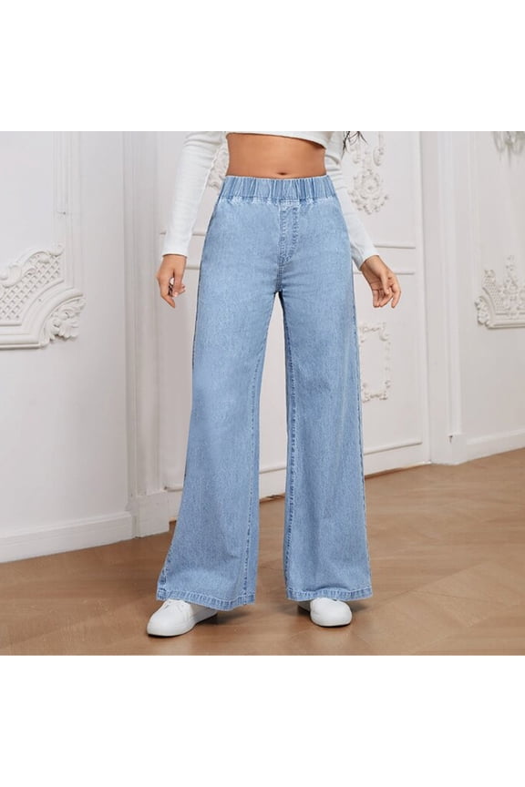 Womens Mid Waist Elastic Waist Jean , Casual Wide Leg Baggy Jeans Denim Pants Light Blue,Womens Plus S