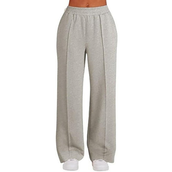 ClodeEU Womens Mid Waist Pants,Elastic Waist Wide Leg Pant with Pockets,Casual Loose Trousers Gray,Womens Plus S