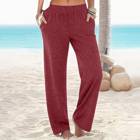 ClodeEU Womens Mid Waist Sweatpants , Elastic Waist Wide Leg Pant with Pockets,Casual Loose Trousers Wine,Womens Plus L