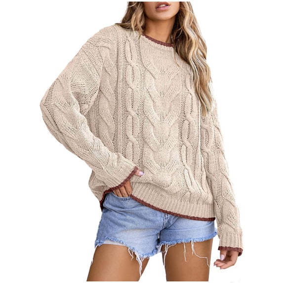 ClodeEU Womens Oversized Cute Chunky Cable Knit Sweater, Round Neck Color Block Long Sleeve Sweater Beige,Womens Plus XL