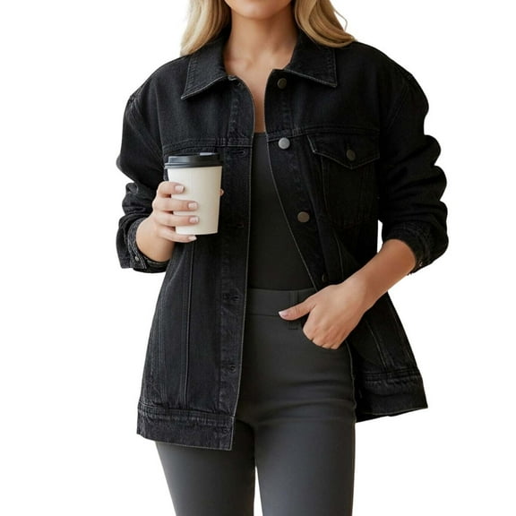 ClodeEU Womens Oversized Denim Jacket ,Button Down Jean Jacket Loose Coat Black,Womens Plus M
