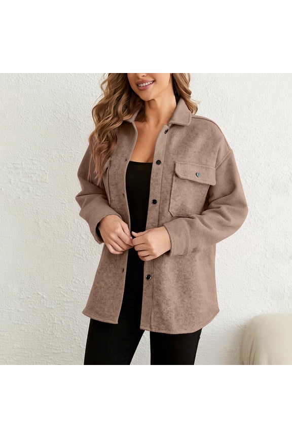 Womens Oversized Lapel Button Down Jacket ,Casual Long Sleeve Trendy Shacket Jacket Coffee,Womens Plus S