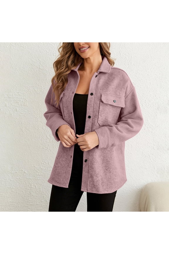 Womens Oversized Lapel Button Down Jacket ,Casual Long Sleeve Trendy Shacket Jacket Pink,Womens Plus S