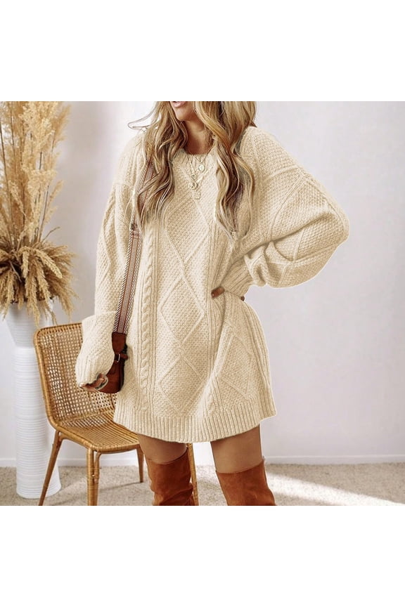 U Womens Oversized Sweater Dress,Long Sleeve Grew Neck Chunky Knit Loose Tunics Pullover Tops Beige,Womens Plus M