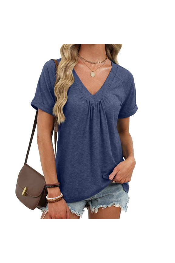 Womens Oversized V Neck Short Rolled Sleeve T Shirts,Summer Loose Fit Tee Navy,Womens Plus XL