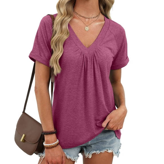 ClodeEU Womens Oversized V Neck Short Rolled Sleeve T Shirts,Summer Loose Fit Tee Wine,Womens Plus L