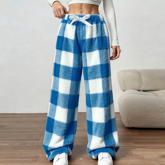 ClodeEU Womens Plaid Fluffy Pajama Pants, Fuzzy Fleece Cozy Lounge Pants with Pockets ,Winter Warm Bottoms Blue,Womens Plus S
