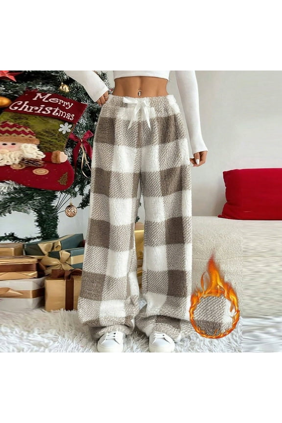 Womens Plaid Fluffy Pajama Pants, Fuzzy Fleece Cozy Lounge Pants with Pockets ,Winter Warm Bottoms Khaki,Womens Plus S