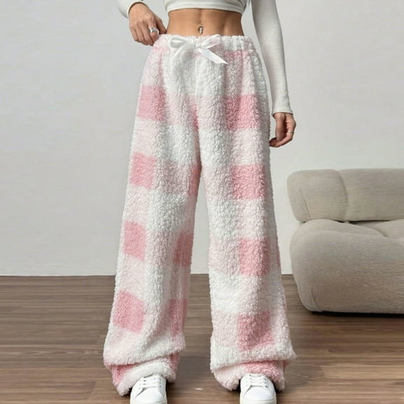 ClodeEU Womens Plaid Fluffy Pajama Pants, Fuzzy Fleece Cozy Lounge Pants with Pockets ,Winter Warm Bottoms Pink,Womens Plus XS