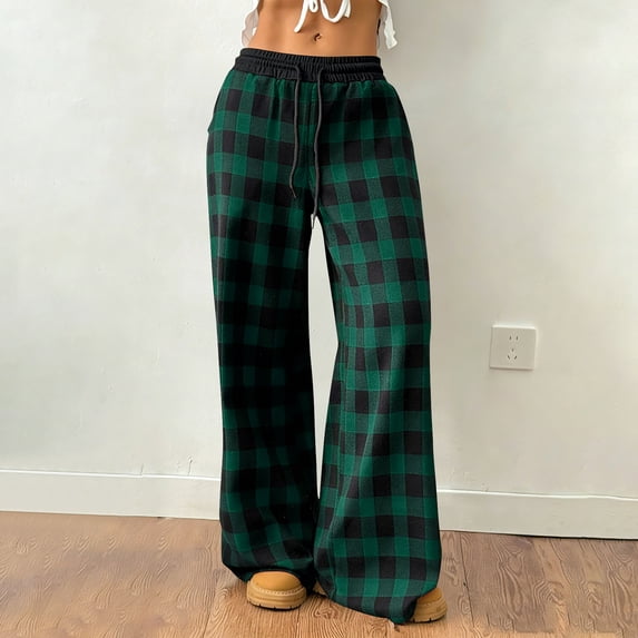 ClodeEU Womens Plaid Sweatpants With Drawstring ,Loose Fit Wide Leg Lounge Comfort Pants Green,Womens Plus XL