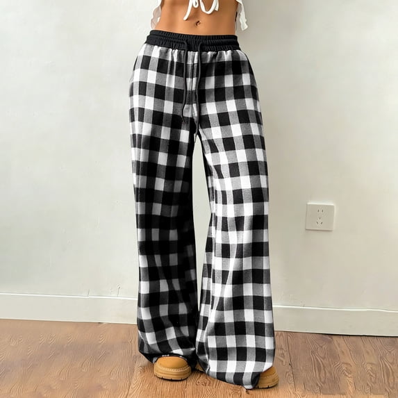 ClodeEU Womens Plaid Sweatpants With Drawstring ,Loose Fit Wide Leg Lounge Comfort Pants White,Womens Plus L