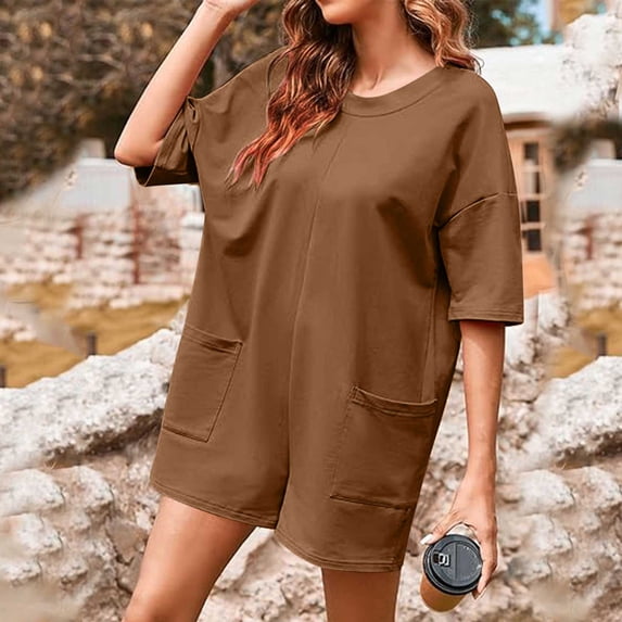 ClodeEU Womens Plus Size Crewneck Short Sleeve Sport Romper Reversible Jumpsuit with Pockets Coffee,Womens Plus L