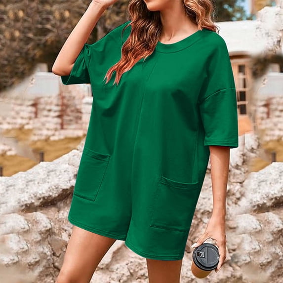 ClodeEU Womens Plus Size Crewneck Short Sleeve Sport Romper Reversible Jumpsuit with Pockets Green,Womens Plus XL