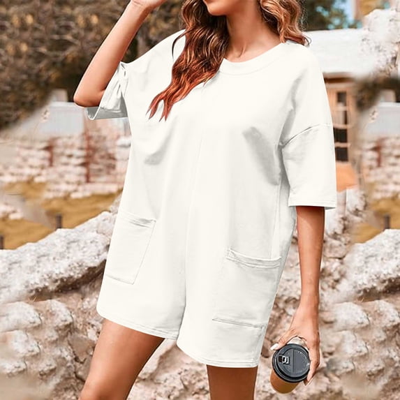 ClodeEU Womens Plus Size Crewneck Short Sleeve Sport Romper Reversible Jumpsuit with Pockets White,Womens Plus S