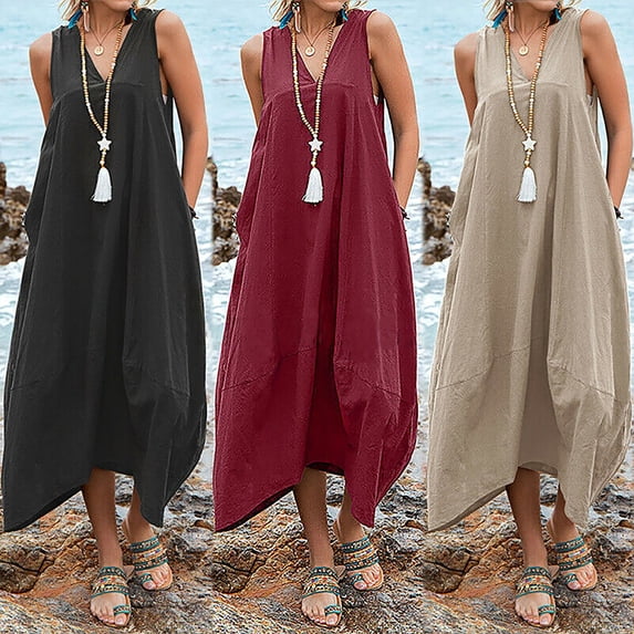 ClodeEU Womens Plus Size Maxi Dress Sundress ,Sleeveless V Neck Pockets Beach Swimsuit Coverup Loose Khaki,Womens Plus L