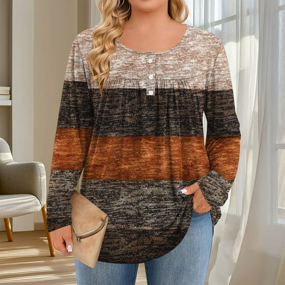 ClodeEU Womens Plus Size Shirts,Long Sleeve Round Neck Fall Tunic Blouses,Casual Loose Fit Tops Brown,Womens Plus L