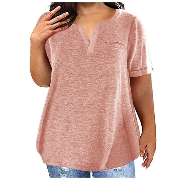 ClodeEU Womens Plus Size Summer V Neck Short Sleeve T Shirt,Casual Curved Hem Loose Henley Blouse a-Pink,Womens Plus XXXL
