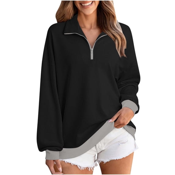 ClodeEU Womens Plus Size Sweatshirts,Long Sleeve Lapel Collared Pullover,Casual Soft Pullover Tops Shirts Black,Womens Plus XL