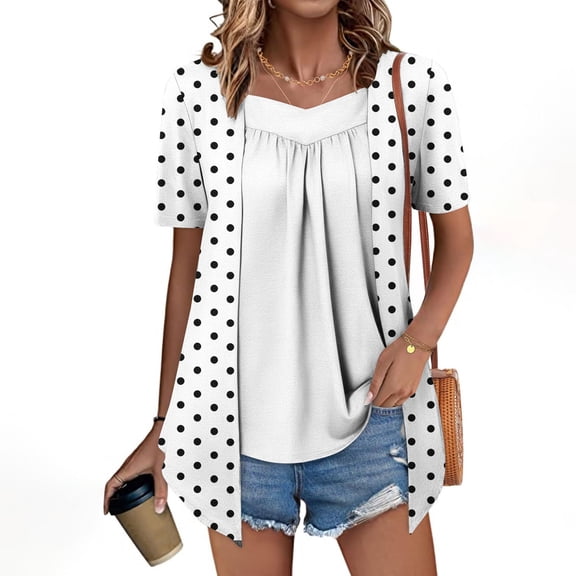ClodeEU Womens Polka Dot Flat Collar Long Hem Fake Two-Piece Short Sleeve Shirts,Loose Dressy Casual Blouse B-White,Womens Plus XL