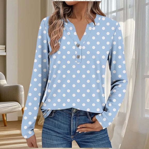 ClodeEU Womens Polka Dot Print V Neck Button Long Sleeve T Shirt,Trendy Slim Casual Tunic Tops Light Blue,Womens Plus XXXL