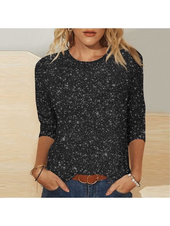 Womens Printed Sequin Seven Tenths Sleeve Round Neck T Shirts,Casual Trendy Slim Tee Tops B-Black,Womens Plus M