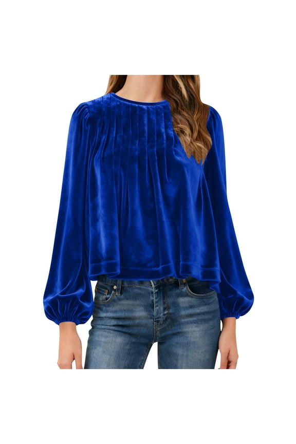 Womens Puff Long Sleeve Velvet Tops,Round Neck Loose Hem , Trendy Dressy Cute Elegant Ruched Shirts Blue,Womens Plus XXL