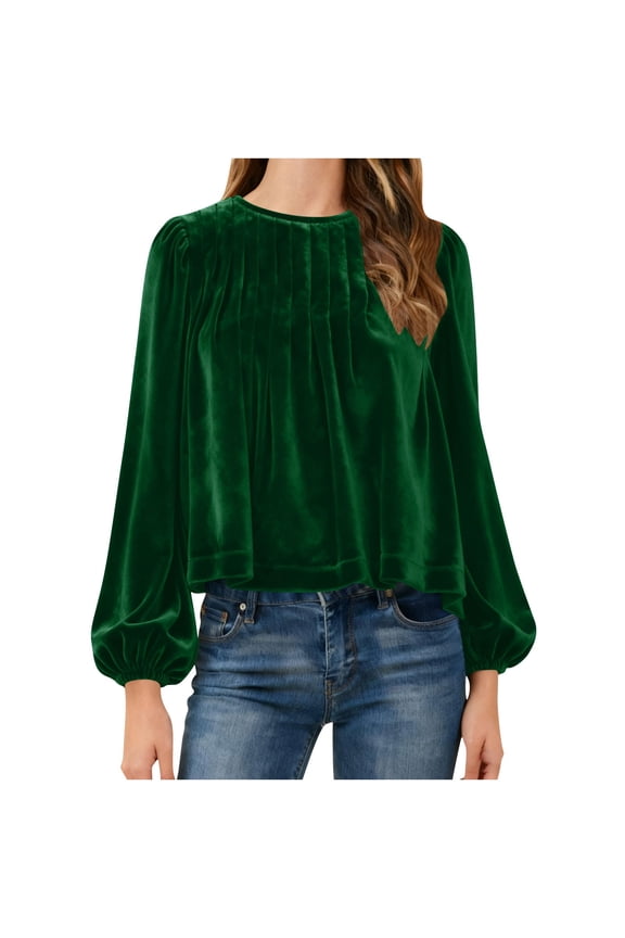 Womens Puff Long Sleeve Velvet Tops,Round Neck Loose Hem , Trendy Dressy Cute Elegant Ruched Shirts Green,Womens Plus S