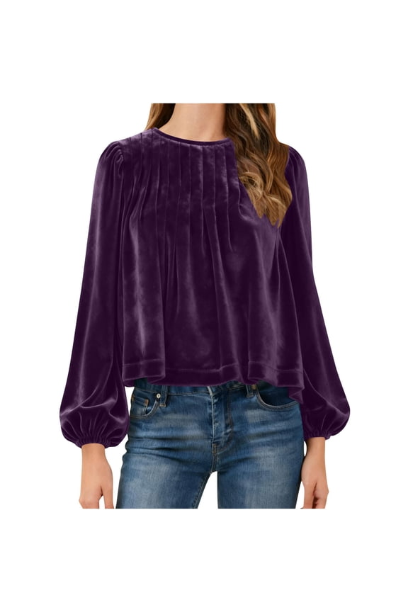 Womens Puff Long Sleeve Velvet Tops,Round Neck Loose Hem , Trendy Dressy Cute Elegant Ruched Shirts Purple,Womens Plus S