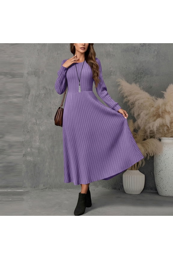 U Womens Ribbed Grewneck Long Sleeve Midi Dress,Elegant Fall A Line Tunic Flowy Midi Dress Purple,Womens Plus S