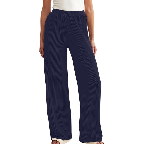 ClodeEU Womens Ribbed Wide Leg Pants with Drawstring Waist,Casual Loose Trendy Pant Dark Blue,Womens Plus XXL