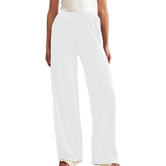 ClodeEU Womens Ribbed Wide Leg Pants with Drawstring Waist,Casual Loose Trendy Pant White,Womens Plus M