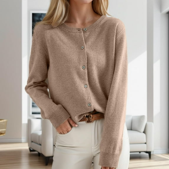 ClodeEU Womens Round Neck Button Down Knit Sweater,Long Sleeve Soft Classic Basic Knit Cardigan Sweater Khaki,Womens Plus L
