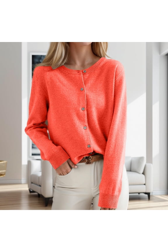 Womens Round Neck Button Down Knit Sweater,Long Sleeve Soft Classic Basic Knit Cardigan Sweater Orange,Womens Plus M
