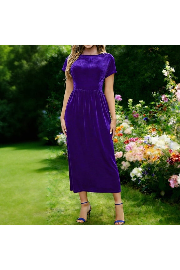 U Womens Round Neck Velvet Short Sleeve Maxi Dress,Casual Loose Tunic Long Dresses A-Purple,Womens Plus M