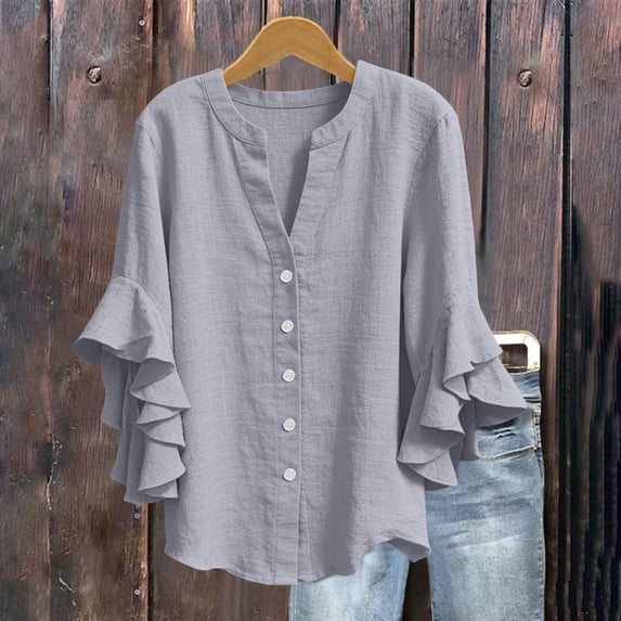 ClodeEU Womens Ruffle 3/4 Sleeve Blouse Tops ,V Neck Business Casual Blouses Shirts with Buttons Gray,Womens Plus L