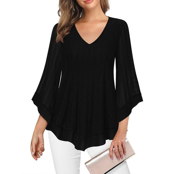 ClodeEU Womens Ruffle 3/4 Sleeve V Neck Double Layers Mesh Blouses,Flared Sleeve Tunic Tops Black,Womens Plus S