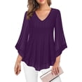 thumbnail image 1 of ClodeEU Womens Ruffle 3/4 Sleeve V Neck Double Layers Mesh Blouses,Flared Sleeve Tunic Tops Purple,Womens Plus M, 1 of 7
